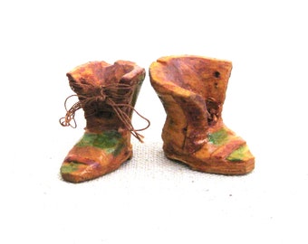 Miniature Carved Boots, Folk Art Sculpture, Wood Tree Ornaments Pair Vintage Primitive Rustic Home Décor