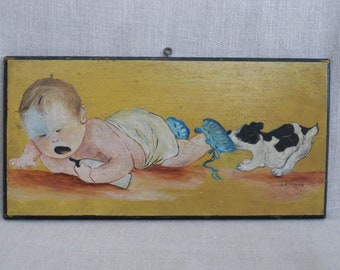 Vintage Male Baby Portrait on Wood Panel Puppy Original Fine Art Nursery Décor