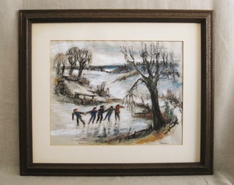 Snowy Winter Landscape Painting, Original Vintage Kids Ice Skating Wall Art Rustic Cabin Home Décor