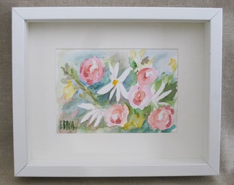 Vintage Flower Painting Floral Watercolor Original Fine Art Framed Wall Décor