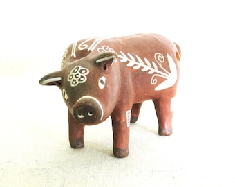 Folk Art Ocarina Ceramic Flute,  Pig Figural Latin American Tribal Vintage Musical Instrument R