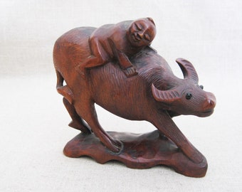 Vintage Animal Carving Folk Art Sculpture Hand Carved Water Buffalo Rustic Cabin