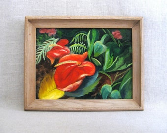 Vintage Floral Still Life Painting Original Fine Art Flower Anthurium Garden Inspired Wall Art Gift for the Gardener