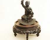 Antique Japanese Bronze Male Child, Portrait Sculpture, Signed, Censer Lid, Figurative, Fishing Crewel, Meiji Period, On Wooden Base