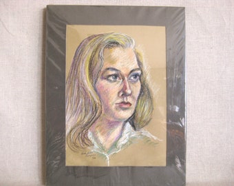 Mid-Century Vintage Female Portrait Drawing, Original Wall Art Home Décor