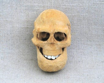 Folk Art Skull Carving, Male Figure Wood Sculpture, Oddities Unusual Desk Decor