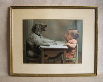 Male Child Portrait with Dog, Vernacular Photograph, Framed Vintage Mid-Century Wall Art Nursery Home Décor