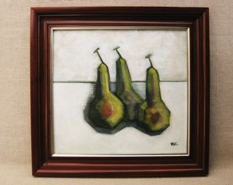 Fruit Still Life Pear Painting, Original Framed Wall Art, Kitchen and Dining Room Home Décor