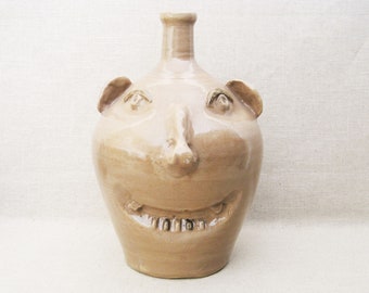 Southern Folk Art Face Jug, Studio Pottery Sculpture, Signed Allen Ham, Odd and Unusual Vintage Housewarming Gift