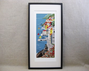 Italian Coastal Landscape Fine Art Print, Framed Mid-Century Style Wall Art, Vintage Home Décor Architecture and Boats