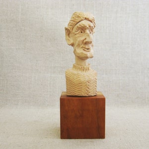 Vintage Male Portrait Bust Folk Art Carving Figure Sculpture Rustic Cabin Décor