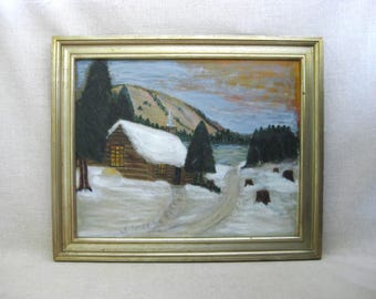 Framed Naïve Winter Landscape Painting, Original Mountain Cabin Rustic Vintage Wall Art Home Décor