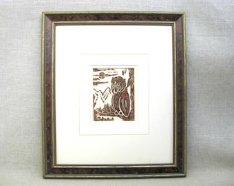 Vintage Owl Woodcut Print, Framed Original Wall Art, G Terry, Rustic Cabin Decor