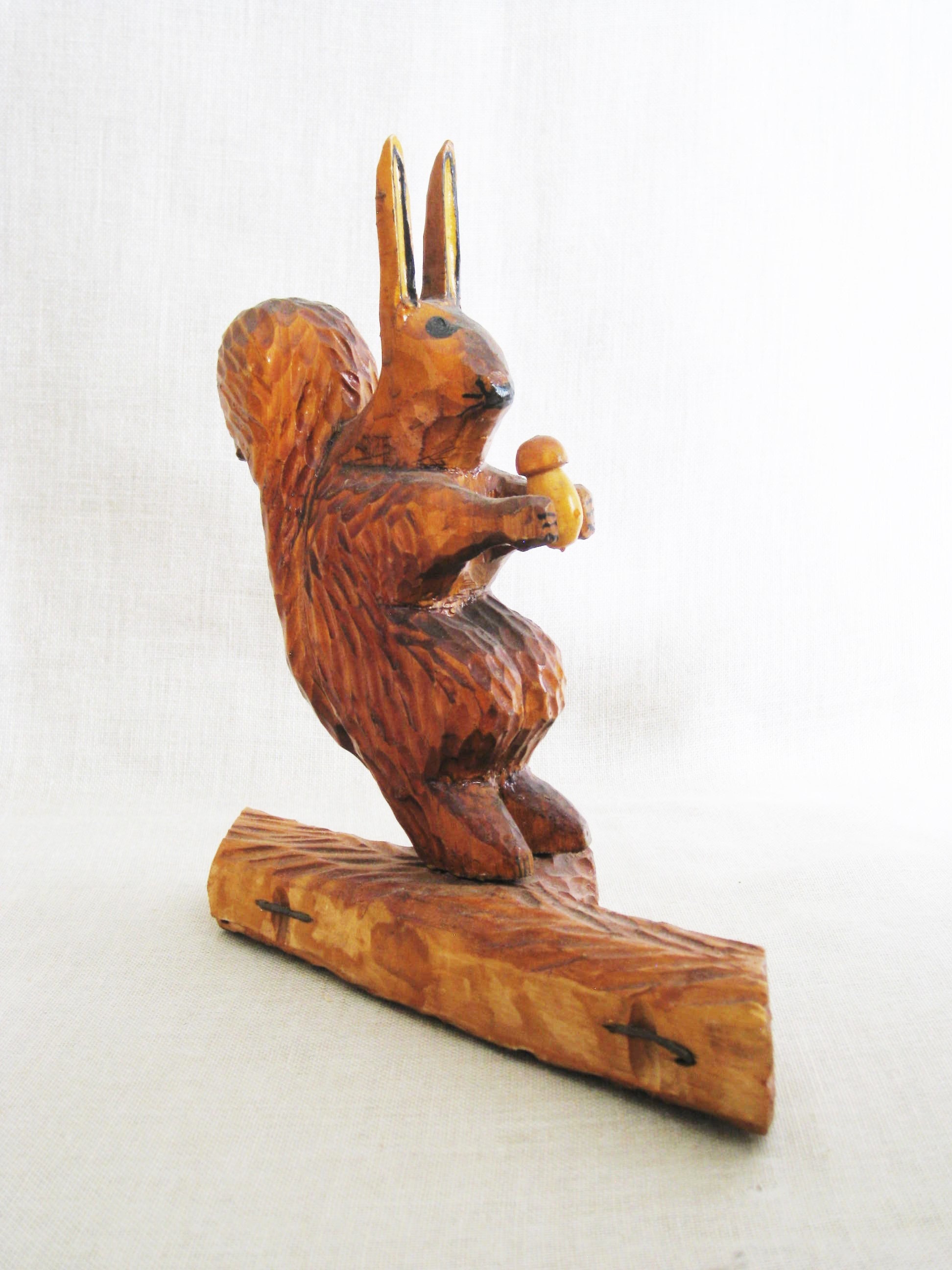 Vintage Folk Art Squirrel Wood Carving, Hand Carved Animals, Rustic Primitive Cabin Decor