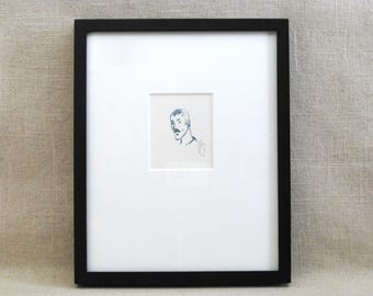Vintage Male Portrait Ink Drawing, Pedro Barrios Framed Original, Noted Latin American Illustrator Fine Art