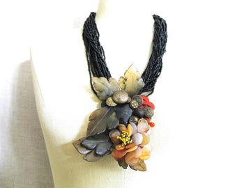 Large Floral Pendent Folk Art Jewelry, Statement Necklace, Stones, Button Assemblage