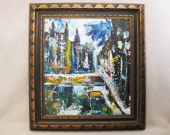 Vintage Abstract Urban Landscape Mid-Century Painting Large Modern Framed Original Wall Art