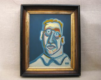 Contemporary Abstract Male Portrait Painting, Framed Colorful Original Wall Art, Masculine Home Décor