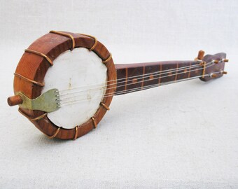 Vintage Miniature Banjo Folk Art Wood Sculpture Musical Instruments Rustic Cabin Decor