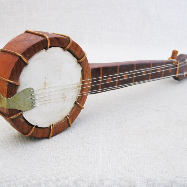 Vintage Miniature Banjo Folk Art Wood Sculpture Musical Instruments Rustic Cabin Decor