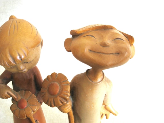 Carved Wood Anri Figure Sculptures, Boy and Girl With Flower