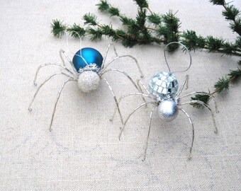 Beaded Spider Christmas Tree Ornament, Silver and Blue Glass Insect Holiday European Folk Lore