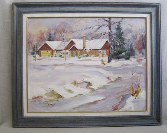 Large Winter Landscape Painting, House Portrait Architectural Framed Original Wall Art