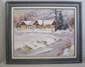 Vintage Winter Landscape Painting Architectural House Painting, Framed Original Fine Art