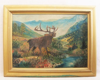 Antique Elk Landscape Oil Painting, Original Framed, Wildlife Folk Art Wall Décor, Rustic Cabin and Mountain House