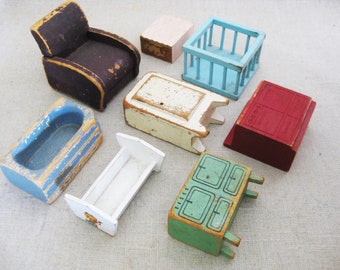 Mid-Century Wooden Dollhouse Furniture, Doll Miniatures Vintage Rustic Nursery Home Décor
