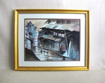Asian Landscape Painting Urban Watercolor Original, Vintage Framed Wall Art Ng Kwan