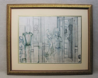 Contemporary Surreal Portrait Drawing, Original Pencil and Ink Figural Framed Vintage Wall Art, Home Décor