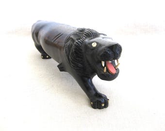 Folk Art Carved Wooden Lion Sculpture, Vintage Primitive Wildlife Animal Figures