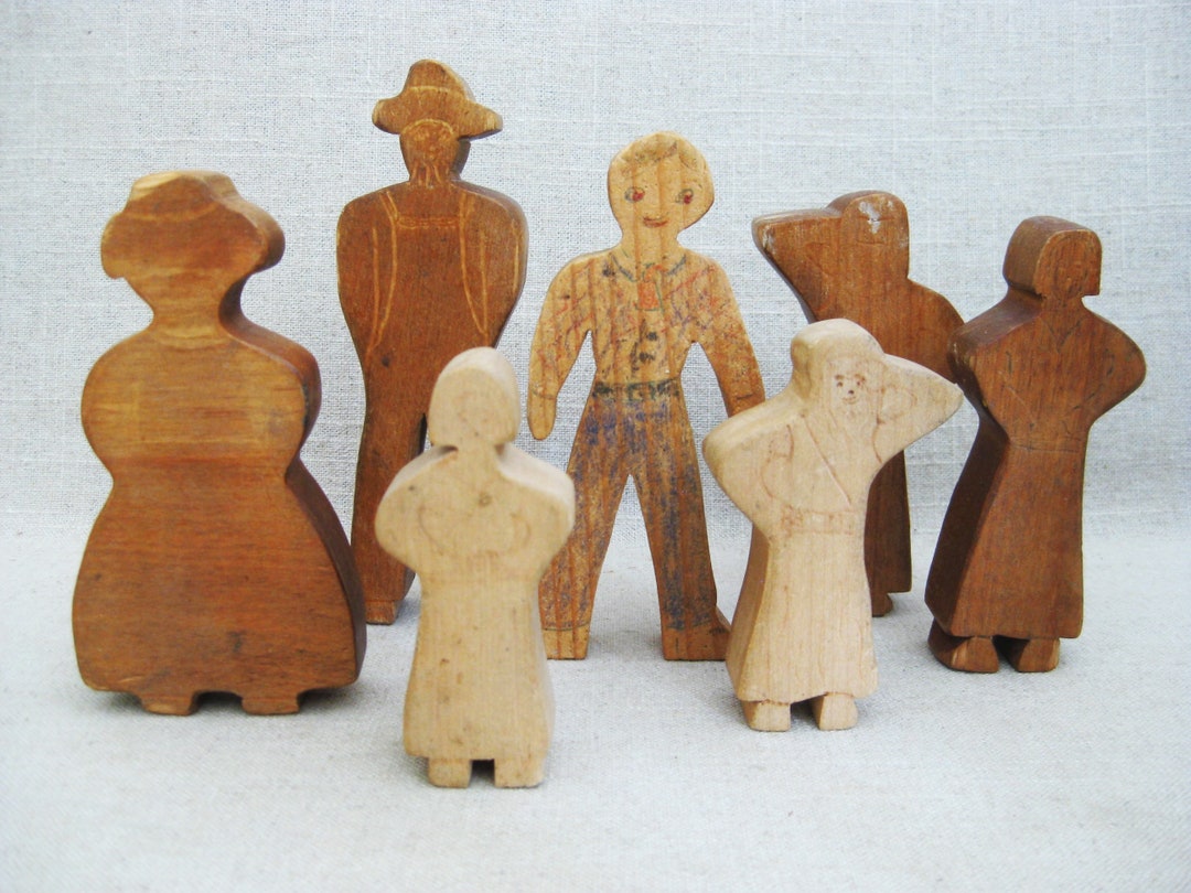 Vintage Folk Art Wood Doll Collection of Toy Block People Rustic ...