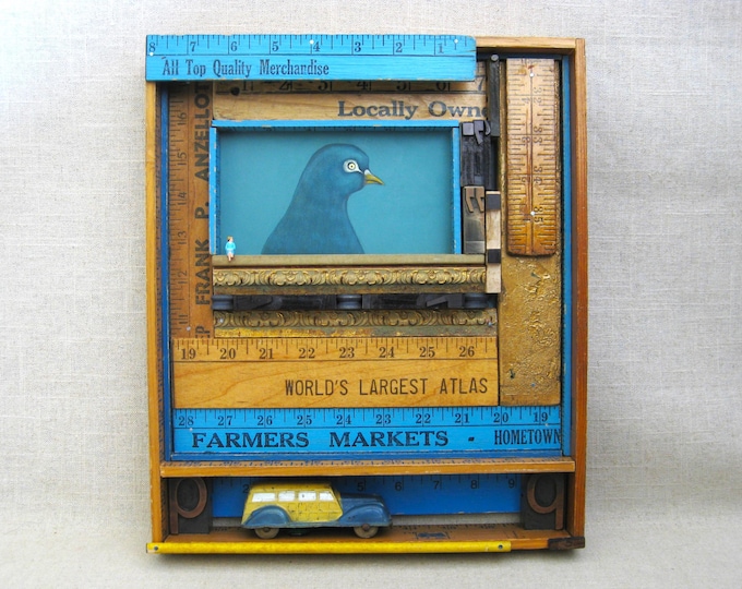 Featured listing image: Original Pigeon Painting, Framed Assemblage Wall Art
