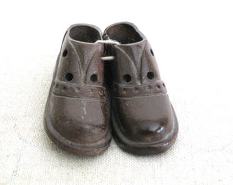 Folk Art Miniature Shoe Carving, Vintage Wing Tip Oxford Wood Sculpture, Gift for Dad