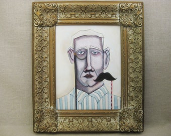 Surreal Male Portrait Painting of Man with Glasses and Moustache Framed Original Fine Art Wall Décor