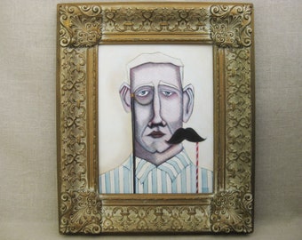 Surreal Male Portrait Painting, Original Glasses and Moustache Framed Wall Art Home Décor