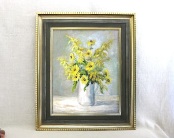 Large Floral Still Life Flower Painting Original, Vintage Framed Yellow Daisies on Light Background