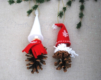 Folk Art Gnome Pinecone Christmas Ornament Holiday Tree Decoration Woodland Elves Mantle and Wreath