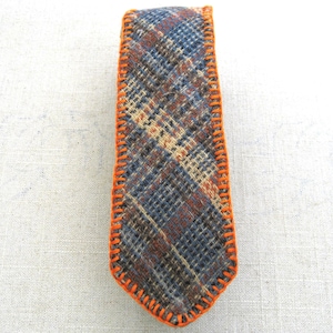 Upcycled Plaid Tie, Vintage Men&#39;s Hand Embroidered Necktie, Tan Orange Wool, Preppy Handmade OOAK