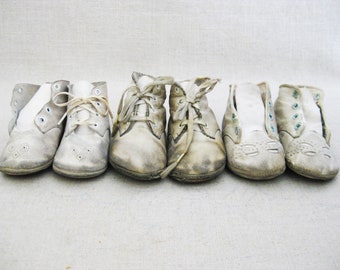 Vintage Leather Baby Shoes, Little White Childs Footwear, Collection Group of 3 Pair