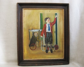 Vintage Male Portrait Painting of Boy and Dog Framed Original Fine Art Child Portraits