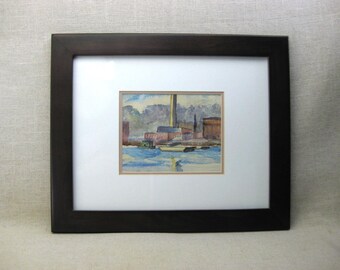 Industrial Architecture Landscape Painting, Original Watercolor Urban Framed Wall Art Housewarming Gift