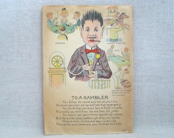 Victorian Penny Dreadful Vinegar Valentines Day Card Early 1900s The Gambler Humorous Mean Holiday Greeting