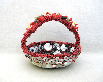 Beaded Basket Mother of Pearl Buttons Entertaining Antique Red Bead Work Wedding Housewarming Gift