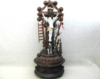 Vintage Religious Standing Crucifix, Folk Art Arma Christi Hand Carved Sculpture Rustic Primitive Statue Home Altar Décor