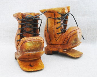 Rustic Wooden Boot Folk Art Carving Sculpture, Miniature Pair Primitive Rustic Cabin Farm House Décor