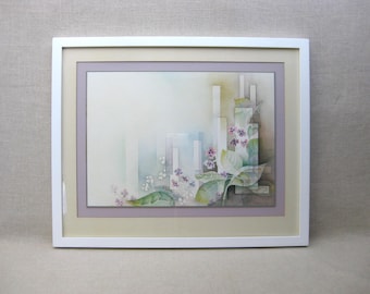 Contemporary Floral Still Life African Violet Watercolor, Signed Patricia Saad Framed Vintage Wall Art Feminine