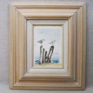 Beach Landscape Watercolor Painting, Framed Original Birds Seaside Vintage Wall Art Coastal Home Décor